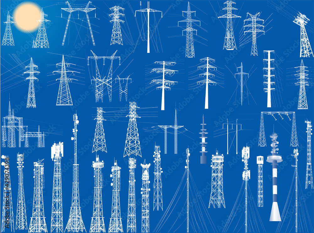 Fototapeta premium group of white antenna towers on blue