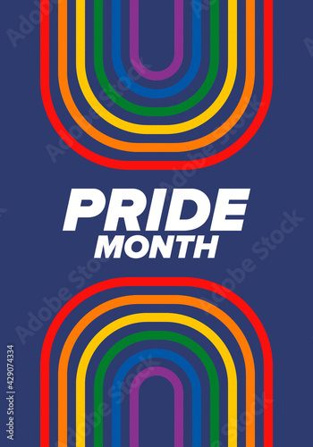 LGBTQIA Pride Month in June. Lesbian Gay Bisexual Transgender. Celebrated annual. LGBT flag. Rainbow love concept. Human rights and tolerance. Poster, card, banner and background. Vector illustration