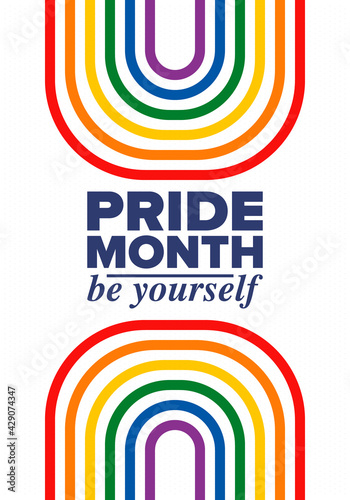 LGBTQIA Pride Month in June. Lesbian Gay Bisexual Transgender. Celebrated annual. LGBT flag. Rainbow love concept. Human rights and tolerance. Poster, card, banner and background. Vector illustration