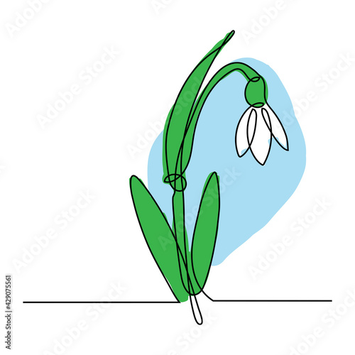 Spring snowdrop flower in continuous line art drawing style. Black linear sketch with simple colour on white background.
Vector illustration