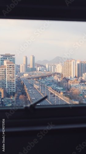 downtown city and mountain in the morning.