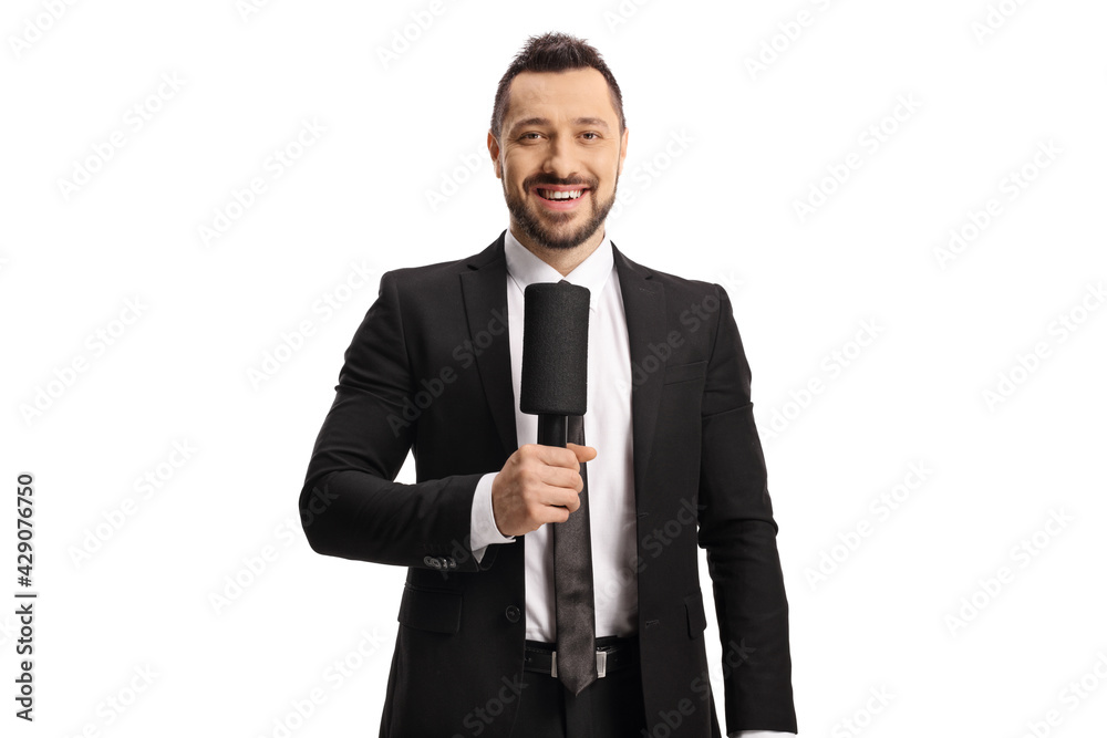 Male tv presenter holding a microphone - obrazy, fototapety, plakaty 