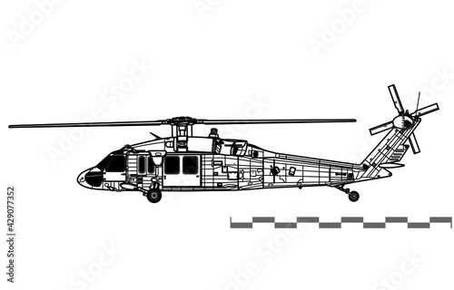 Sikorsky UH-60A Black Hawk. Vector drawing of utility helicopter. Side view. Image for illustration and infographics. photo