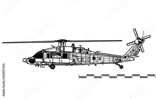 Sikorsky MH-60L Black Hawk. Vector drawing of special operations helicopter. Side view. Image for illustration and infographics. photo
