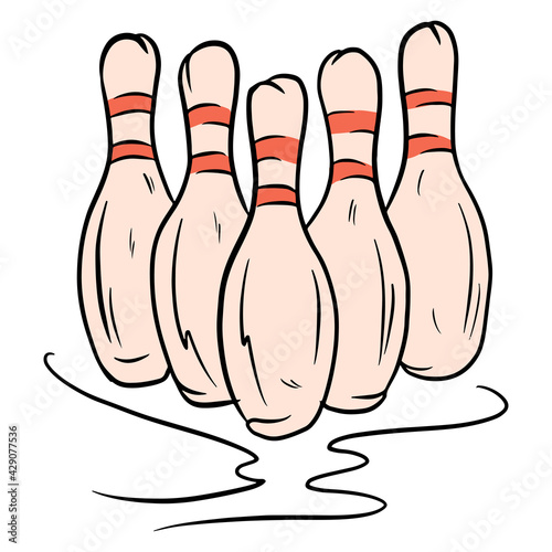 Skittles. Bowling pin set. Required for bowling. Bowling Club. Cartoon style.