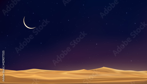 Islamic greeting Ramadan Kareem card design background with desert landscape sand dunes,Crescent moon and star at dark night,Vector religions symbolic of Islam or Muslim for Eid Mubarak, Eid al fitr