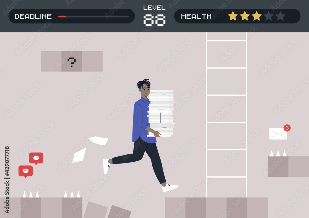 Office arcade game, a young male Black character running with a stack of paper documents, a project deadline concept Office arcade game, a young male Black character running with a stack of paper documents, a project deadline concept