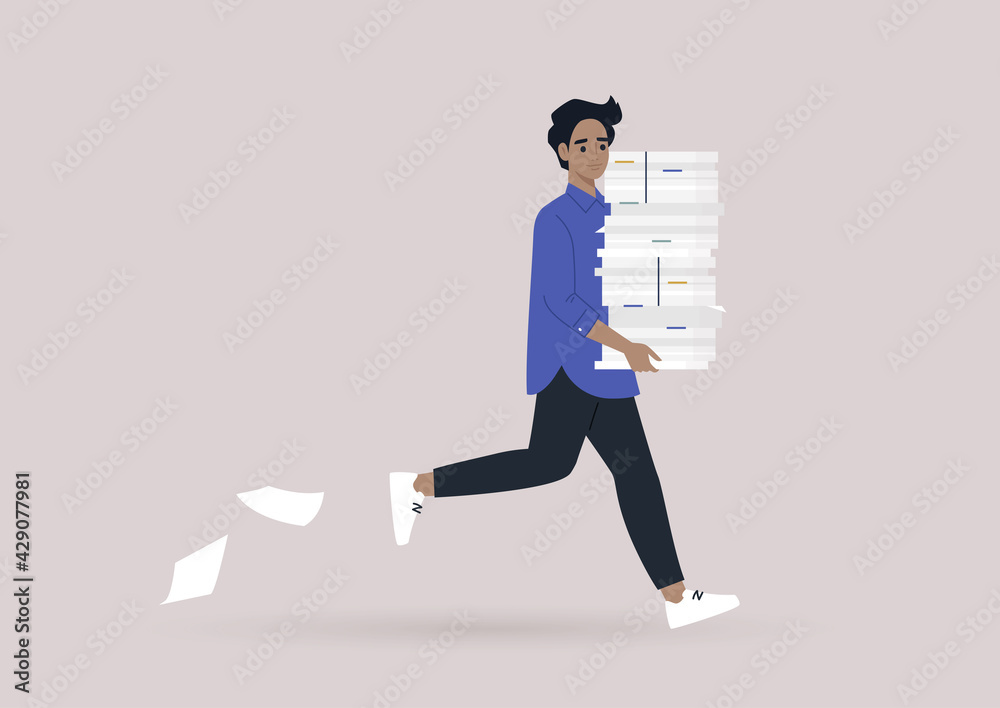 Time management concept, a young male character running with a huge pile of documents, office life, deadlines