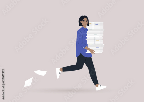 Time management concept, a young female character running with a huge pile of documents, office life, deadlines
