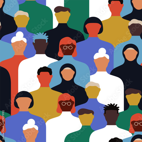 Diverse people crowd cartoon seamless pattern