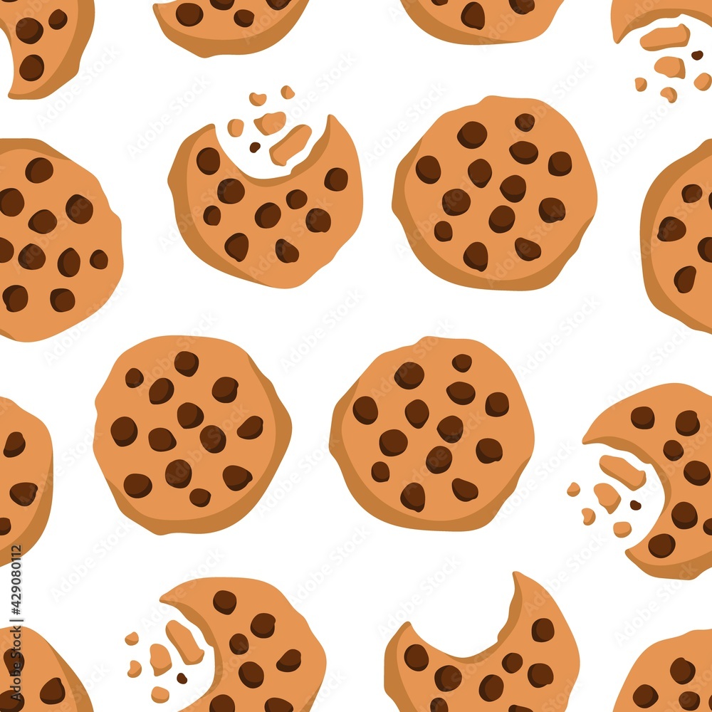 Cookies seamless pattern. Simple cute cookie flat vector backdrop. Hand drawn sketch with broun color. For cafe, menu, wall art. Sweet dessert. Freshly baked chocolate cookie icon. Food pattern.