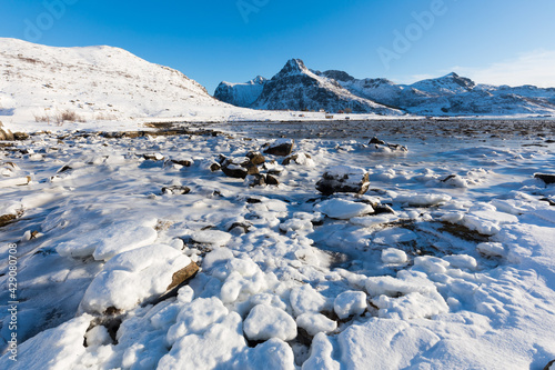 Winterlandschaft mit schneebedecktem Ufer an einem See auf den Lofoten, Norwegen photo