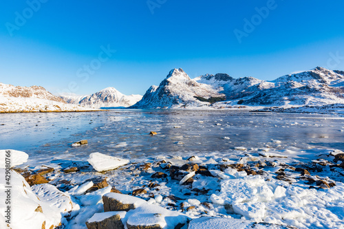 Winterlandschaft mit schneebedecktem Ufer an einem See auf den Lofoten, Norwegen photo