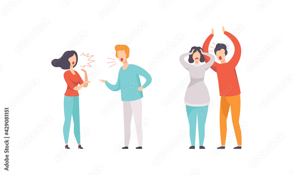 Man and Woman Quarrelling and Arguing with Each Other Shouting and Yelling Vector Illustration Set Man and Woman Quarrelling and Arguing with Each Other Shouting and Yelling Vector Illustration Set