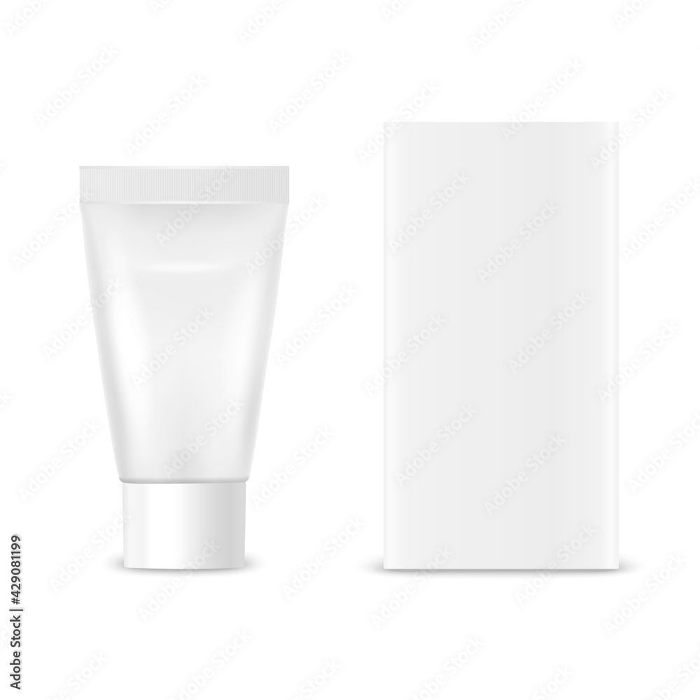 Vector 3d Realistic Small Plastic, Metal White Tooth Paste, Cream Tube, Carton Packing Isolated on White Background. Design Template of Toothpaste, Cosmetics, Cream for Mockup. Front View Vector 3d Realistic Small Plastic, Metal White Tooth Paste, Cream Tube, Carton Packing Isolated on White Background. Design Template of Toothpaste, Cosmetics, Cream for Mockup. Front View