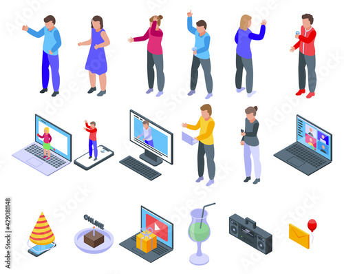 Online party icons set. Isometric set of online party vector icons for web design isolated on white background