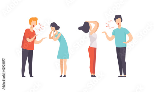 Man and Woman Quarrelling and Arguing with Each Other Shouting and Yelling Vector Illustration Set