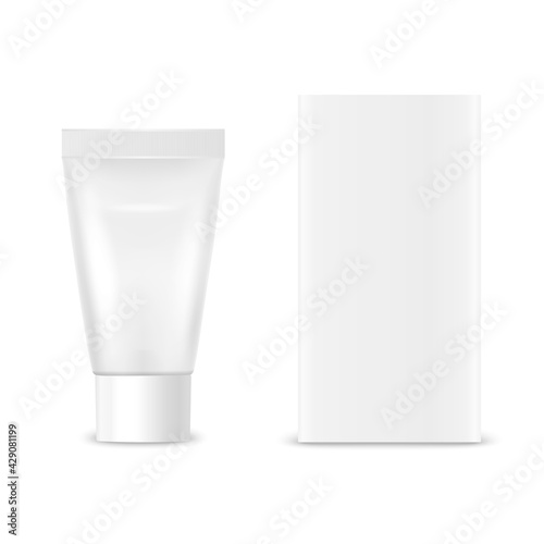Vector 3d Realistic Small Plastic, Metal White Tooth Paste, Cream Tube, Carton Packing Isolated on White Background. Design Template of Toothpaste, Cosmetics, Cream for Mockup. Front View