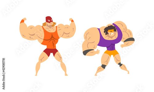 Muscular Wrestler Posing and Striking Engaged in Mixed Martial Arts Fighting Vector Set