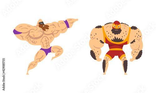 Muscular Wrestler Posing and Striking Engaged in Mixed Martial Arts Fighting Vector Set