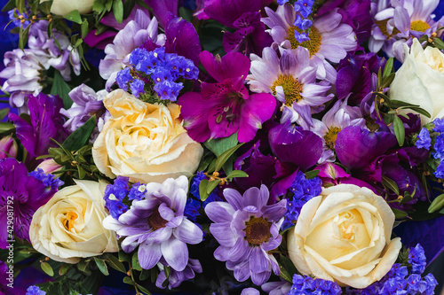Blue  white  and purple flowers. Beautiful flowers in a bouquet. Background flower image.