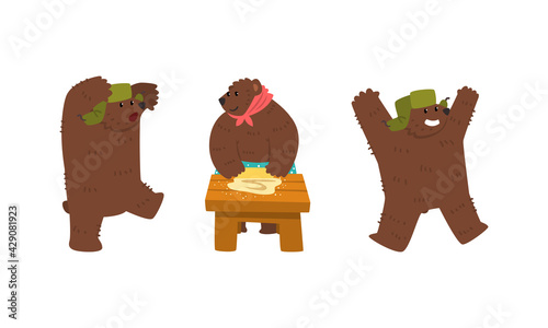 Humanized Brown Bear Character in Hat with Earflaps Walking and Rolling Dough Vector Set