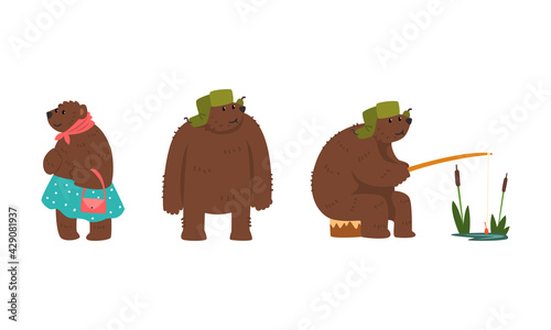Humanized Brown Bear Character in Hat with Earflaps Fishing and Walking Vector Set