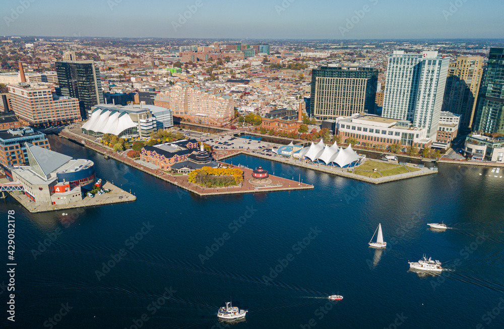 Baltimore city inner harbor skyscrapers panorama bird view