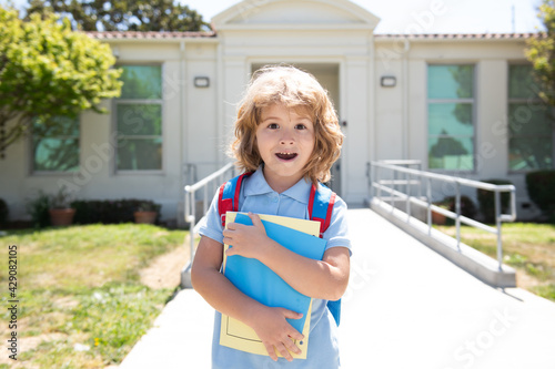 Portrait of the amazed american boy who is going to school with his school backpack. Back to school. Happy child ready for primary school. Pupil on first day of classes. photo