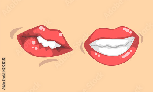 Upper and Lower Lips of Mouth Curving in Different Gestures Vector Set