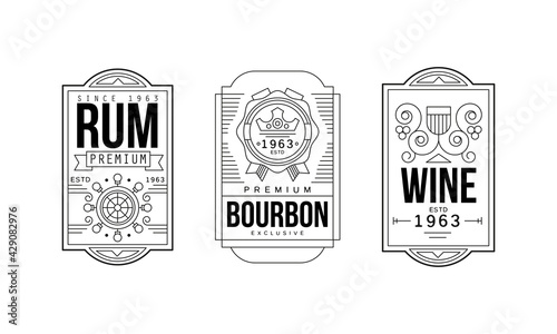 Alcohol Labels with Rum, Wine and Bourbon Vector Set