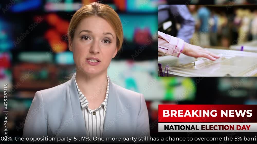 TV studio news presenter talking breaking news about elections
