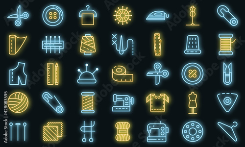 Tailor icons set. Outline set of tailor vector icons neon color on white