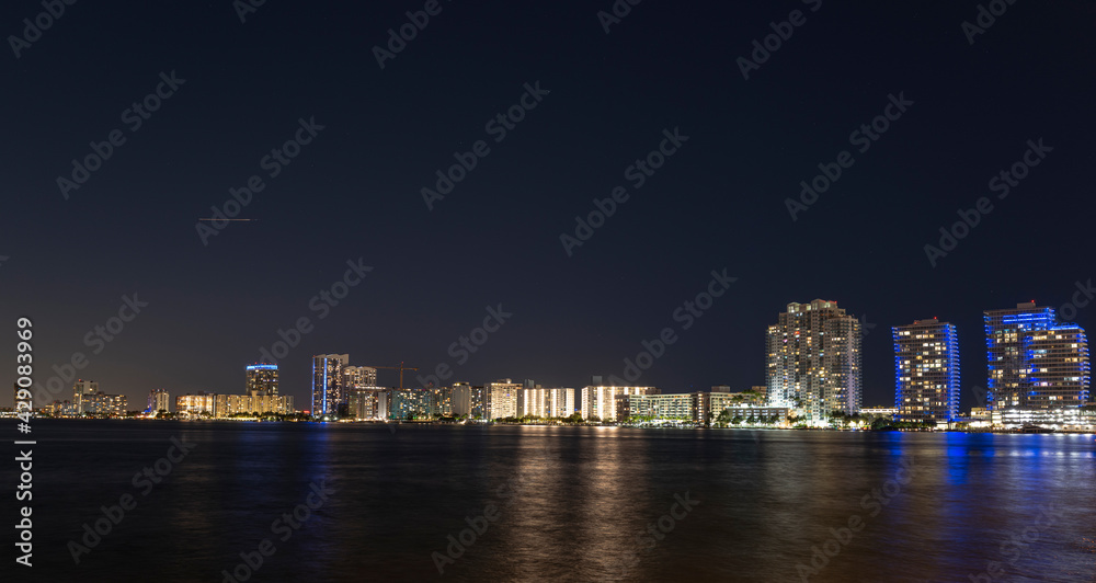 Miami night city. USA downtown skyscrappers landscape, twighlight town.
