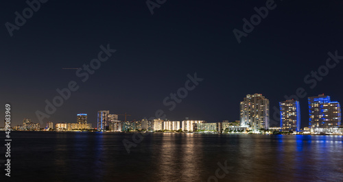 Miami night city. USA downtown skyscrappers landscape  twighlight town.