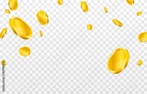 Vector gold coins fall from the sky. PNG money, png coins. Explosion of coins on isolated transparent background. Easy Money.