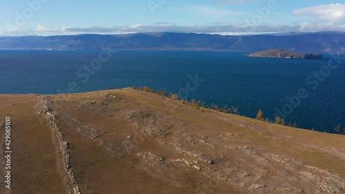 Lake Baikal in autumn. Olkhon Island. Togai Bay, Elgay cape and Hanhoy lake. Aerial view. photo