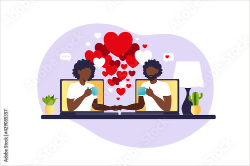 Young couple on an online chat. Virtual relationships and online dating and social networking concept. Online dating. African man and woman in love.Vector illustration in flat.