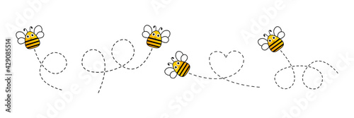 Bee icon set. Bee flying on a dotted route. Vector illustration isolated on the white background.