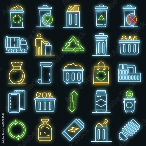 Garbage icons set. Outline set of garbage vector icons neon color on white