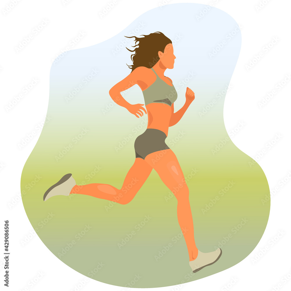 A slender girl is running. Vector illustration of jogging in calm, natural, colors.  Suitable for web design.