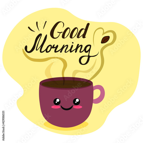 Positive illustration of a cup of coffee. Good morning wishes. Suitable for web design.