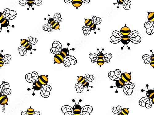 Cartoon bees seamless pattern. Bee flying on white background. Vector illustration.