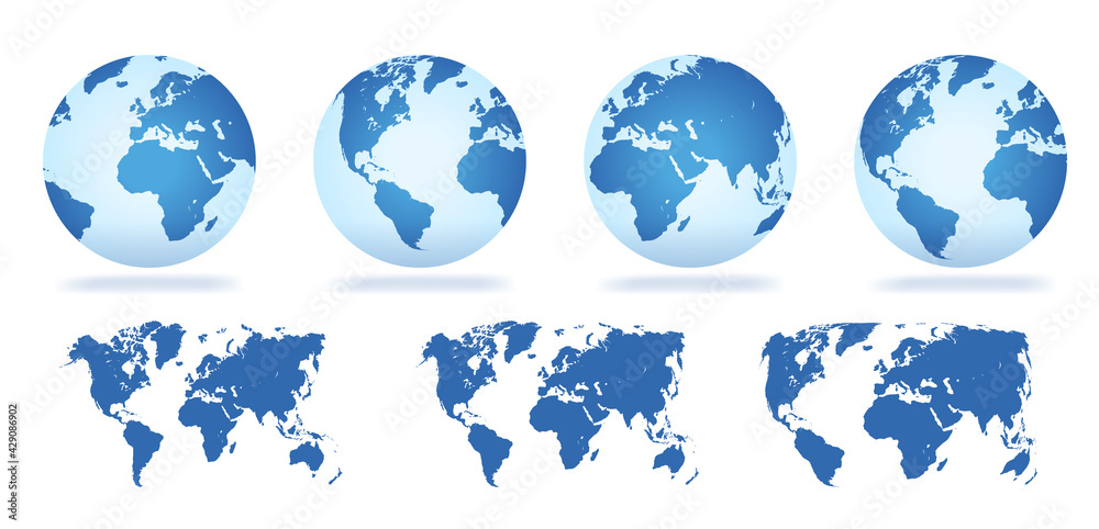 Globes and maps collection - Map of the world and 3d planet earth in vector format.