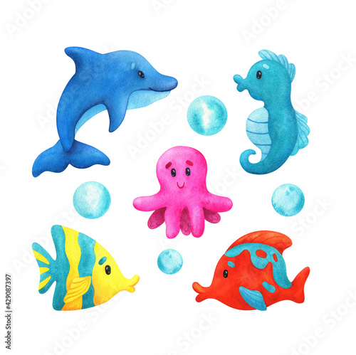 Dolphin  octopus  tropical fish. Children s watercolor illustration of bright marine animals. A stock image isolated on a white background. Cartoon-style clip art collection