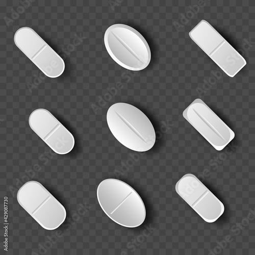 Medications. Set of white pills and tablets on transparent background. Medical and healthcare concept.