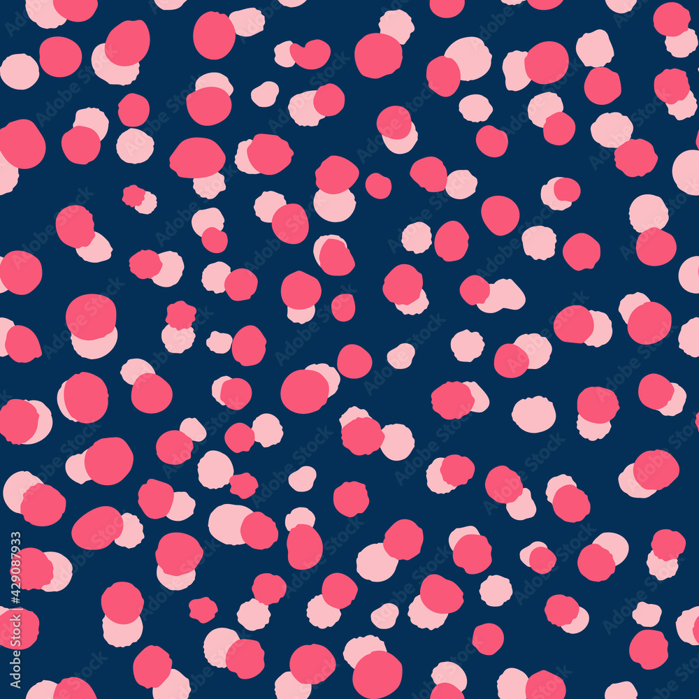 Pink Vector Overlapped Dots Seamless Repeat Pattern. Uneven round elements all over print on dark blue background.