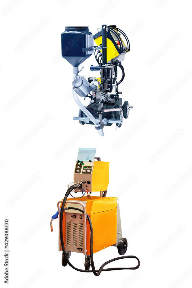 Fototapeta premium Few compact welding machines close up isolated on white background