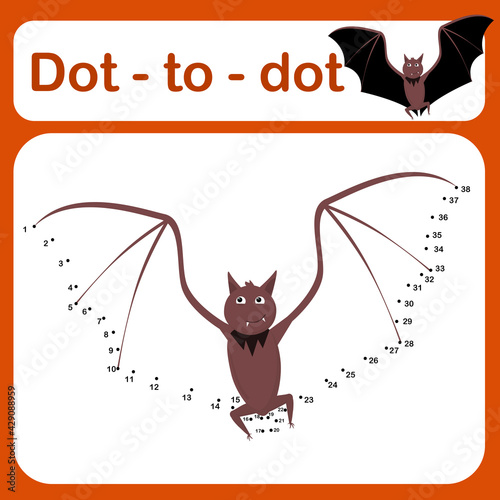 Dot to dot game for kids vector illustration. Number drawing line puzzle game with Halloween-themed bat. Coloring page for children. 