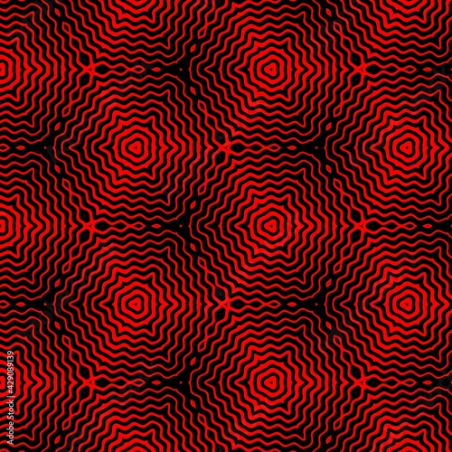 intricate patterns and designs from many tapering wavy red stripes on a black background